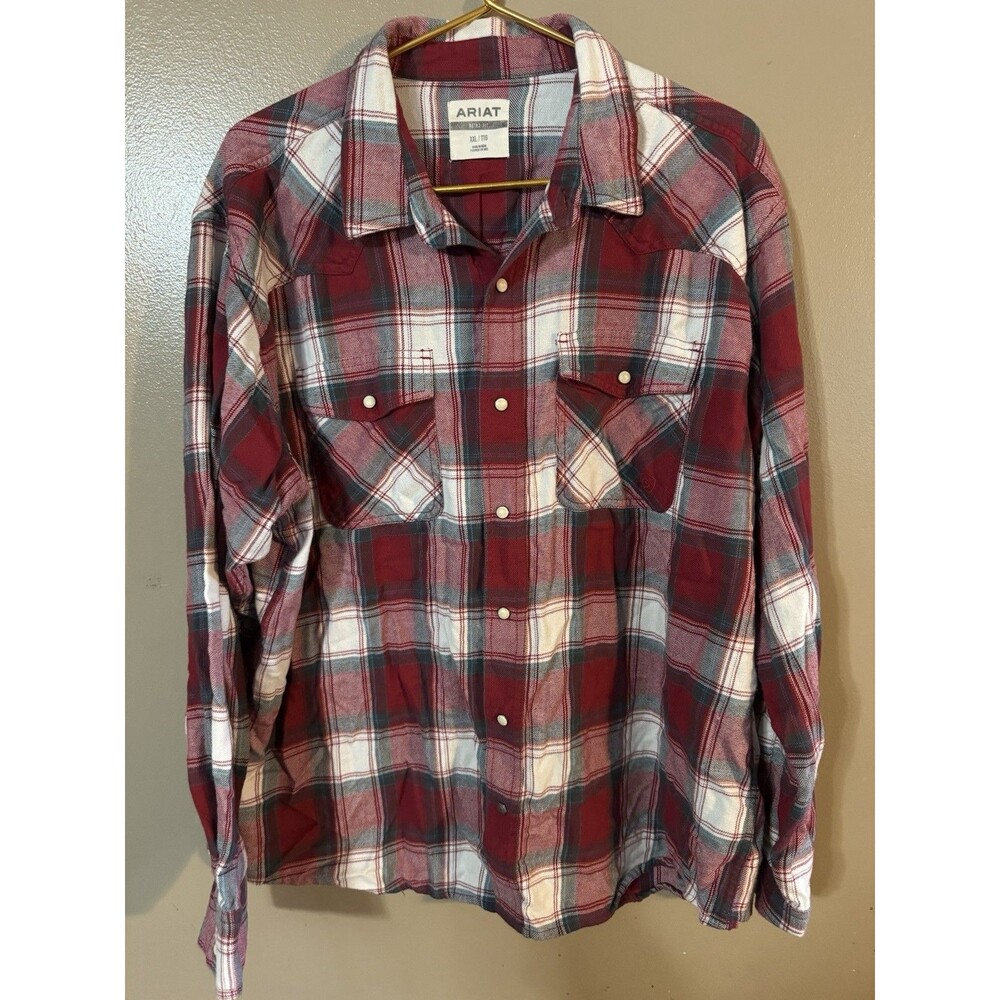 Ariat Flannel Shirt Mens Red Plaid Retro Fit Pearl Snap Casual Outdoors Hike XL